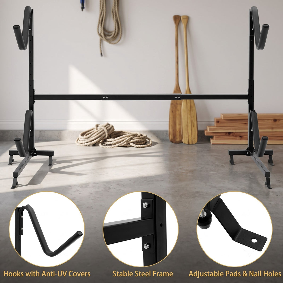 Airfind Freestanding Height Adjustable Dual Kayak Storage Rack with 6 Height Settings for Garage Boat House and Dock, Black