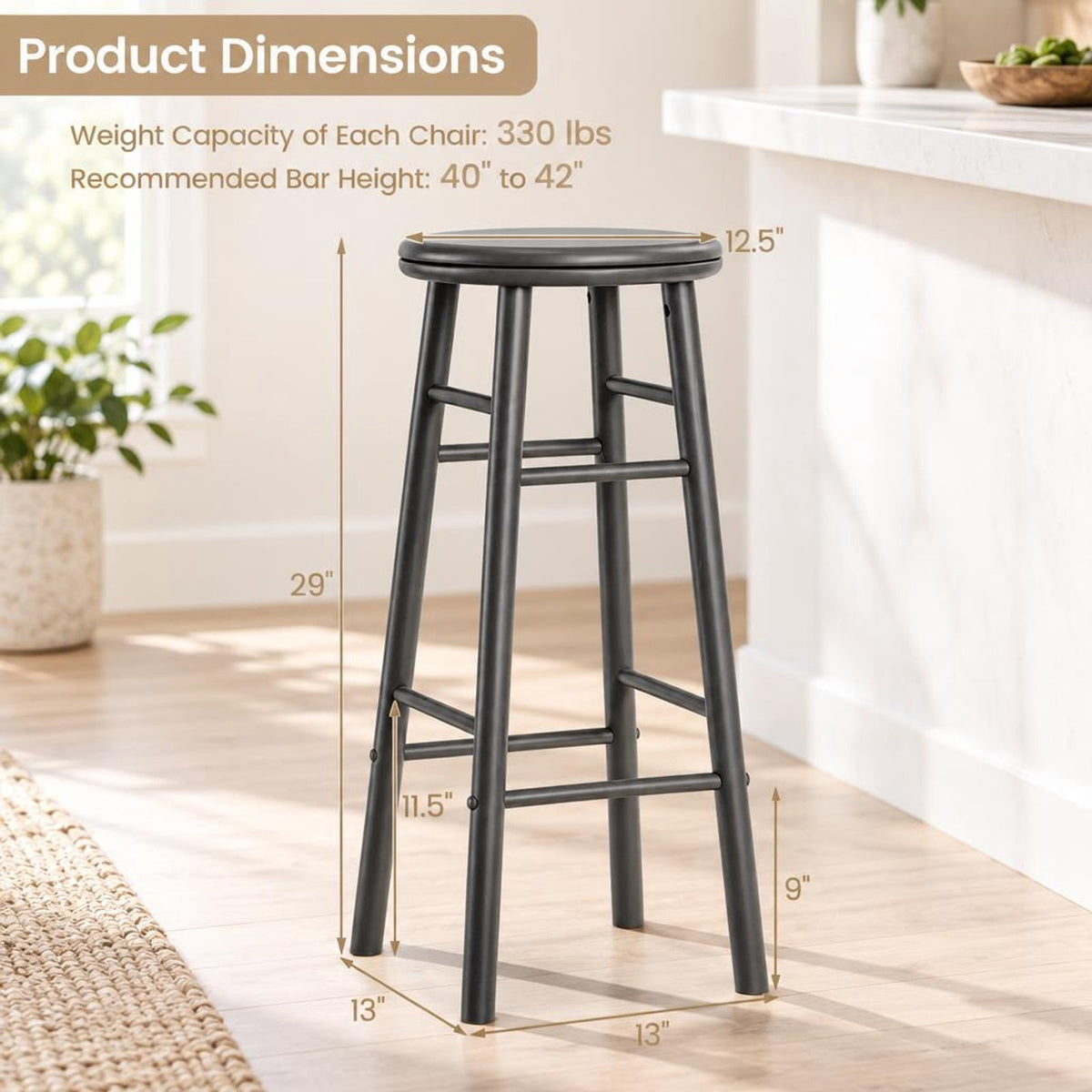 Airfind 29in Swivel Bar Stools Set of 2 with Footrests and Crossbars, 330 lbs Capacity, Rubber Wood Frame, 13in x 13in x 29in Footprint, Gray