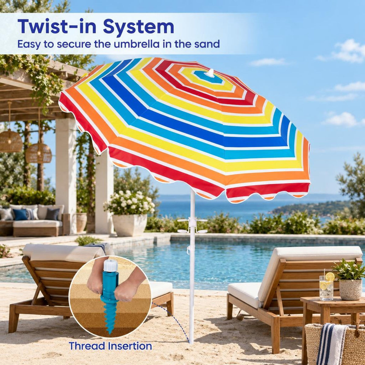 Airfind 6.5 FT Beach Umbrella UPF 50+ with Sand Anchor for Garden Pool Backyard, Polyester Fabric Metal Aluminum Alloy PP Frame, Blue Stripe