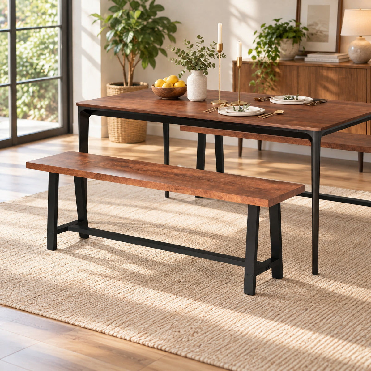 Airfind 60 Inch Dining Bench 3 Person Entryway Shoe Bench with Metal Frame-60 inches, 440 lbs Capacity, MDF Metal Frame, Walnut