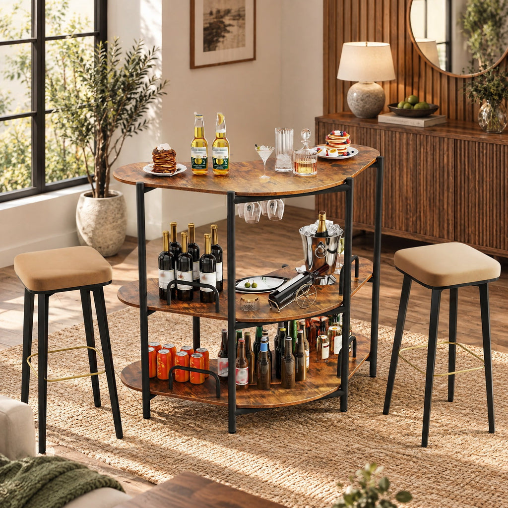 Airfind 3-Tier Liquor Bar Table with Stemware Racks and Storage Shelves, 200 lbs Capacity, Engineered Wood Metal Frame, 48 x 26 x 40 Footprint