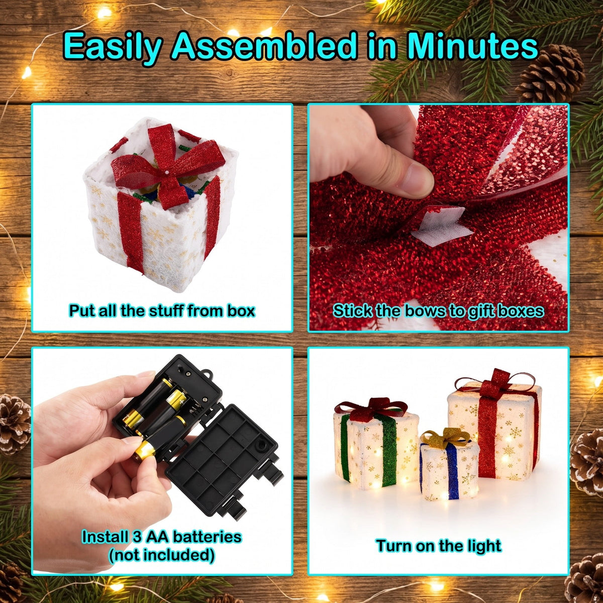 Airfind Set of 3 Christmas Lighted Gift Boxes with 48 Bright Warm Lights, Polyester Fabric PVC Plush Fabric Frame, White+Red+Golden+Green+Blue