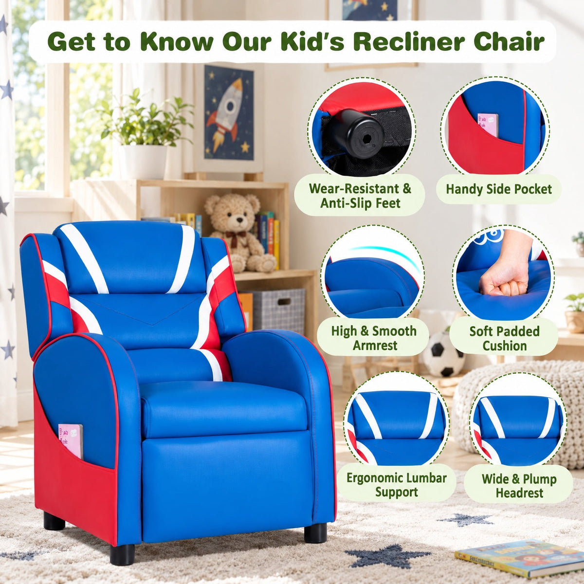 Airfind Kids Leather Recliner Chair with Side Pockets, Solid wood PU leather sponge plastic iron Frame, for 3-9 years old, Blue