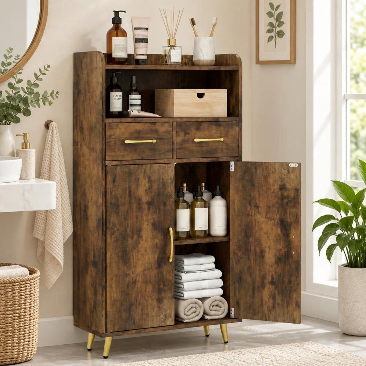 Airfind Bathroom Storage Cabinet Freestanding Floor Cabinet with 2 Drawers and 2 Doors, 44 lbs Capacity, Engineered Wood Metal Frame, Brown