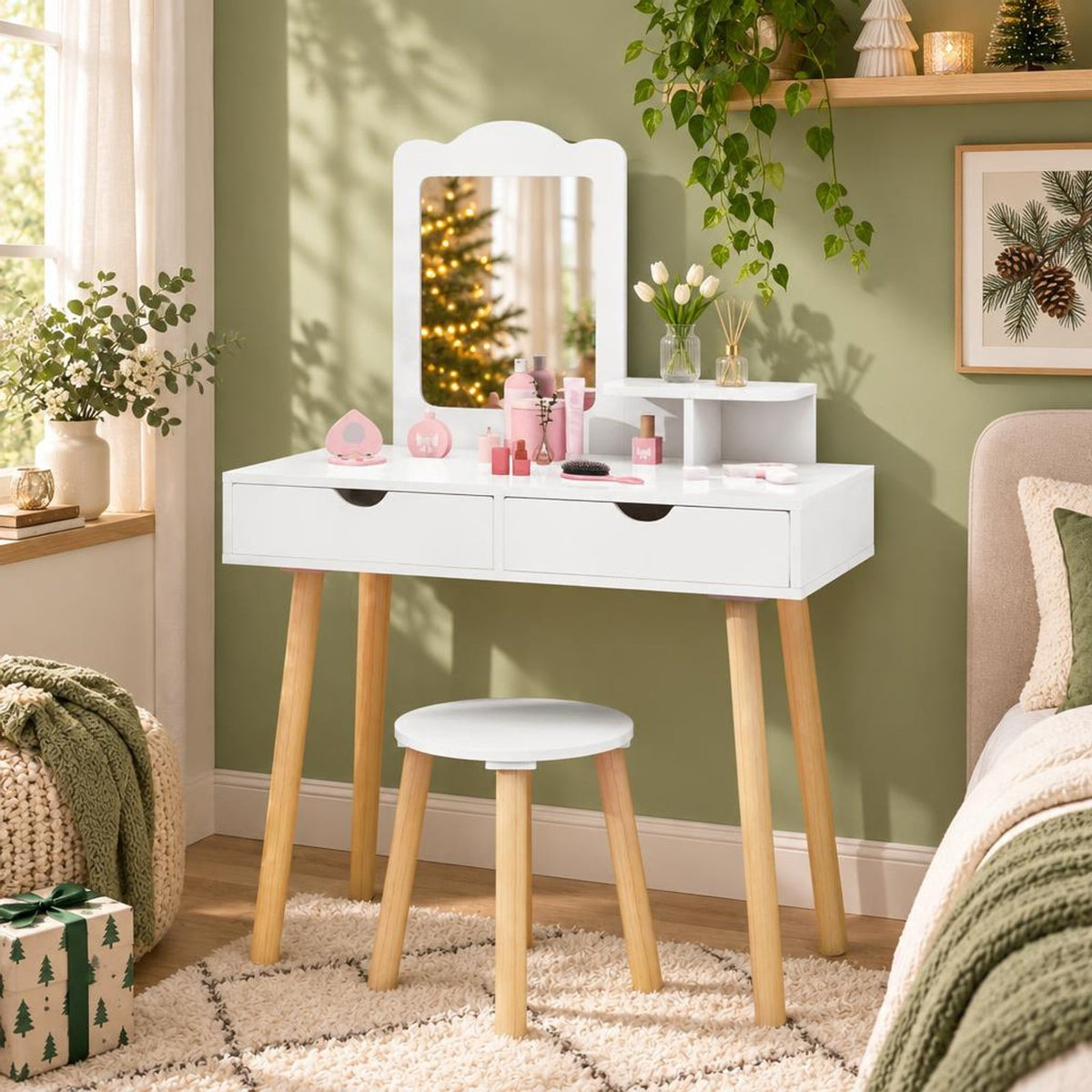 Airfind Kid Vanity Table Chair Set with Mirror and 2 Large Storage Drawers, 44 lbs Capacity, Pine wood MDF Frame, 28in x 13in x 39in Footprint, White