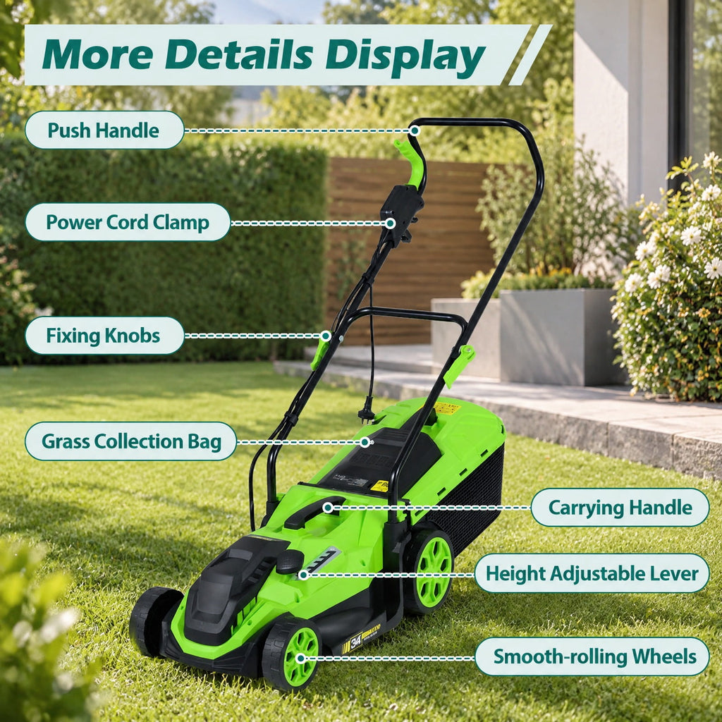 Airfind 14-Inch 12-Amp Corded Electric Lawn Mower w/ 5-Position Height Adjustment, Metal Frame, 44-45.5 x 14 x 38.5-39.5 Footprint, Green
