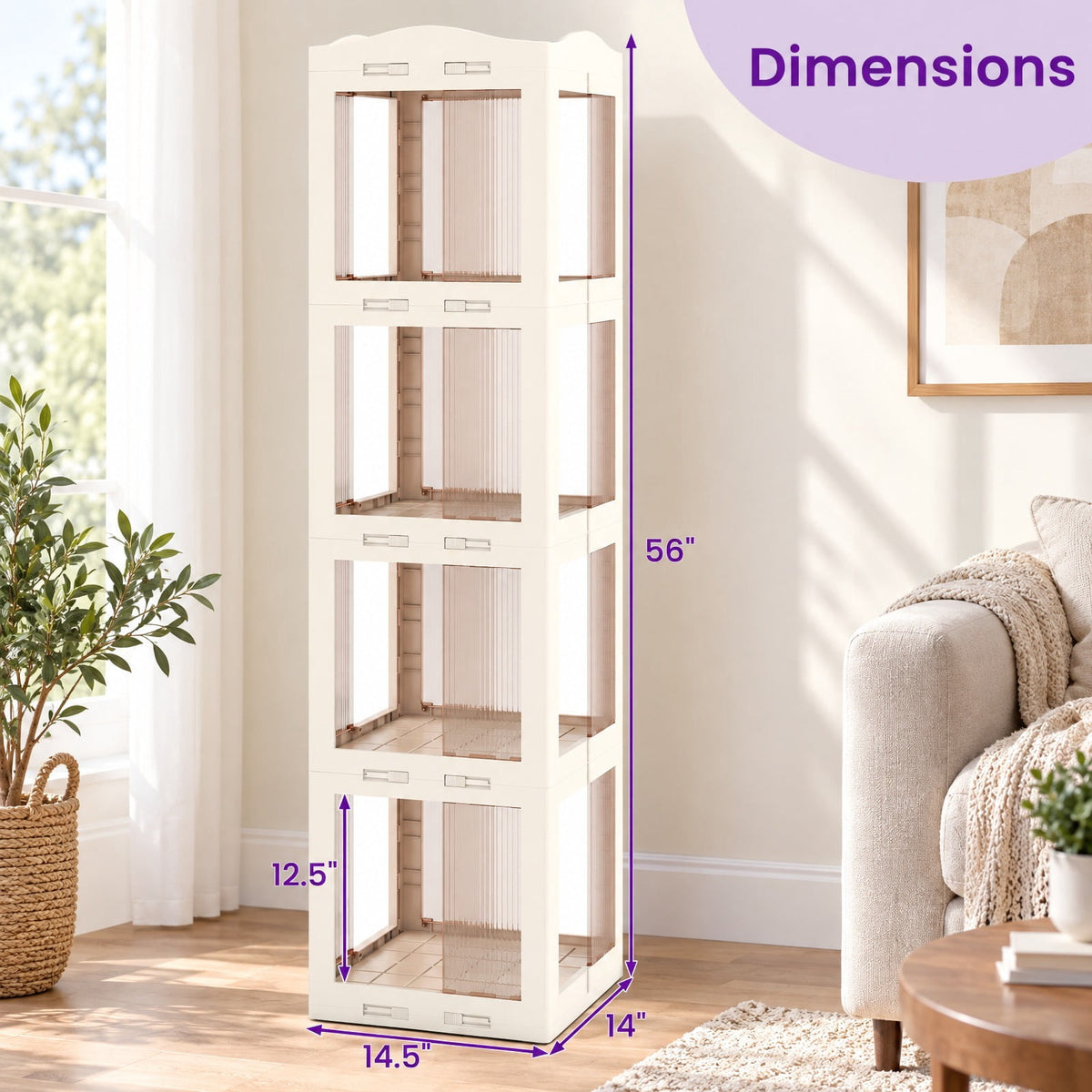 Airfind Bookshelf, 4-Tier Foldable Rotating, with Swivel Base and Translucent Panels, 22 lbs Capacity, PP ABS Frame, 14.5 Inch x 14 Inch x 56 Inch, White