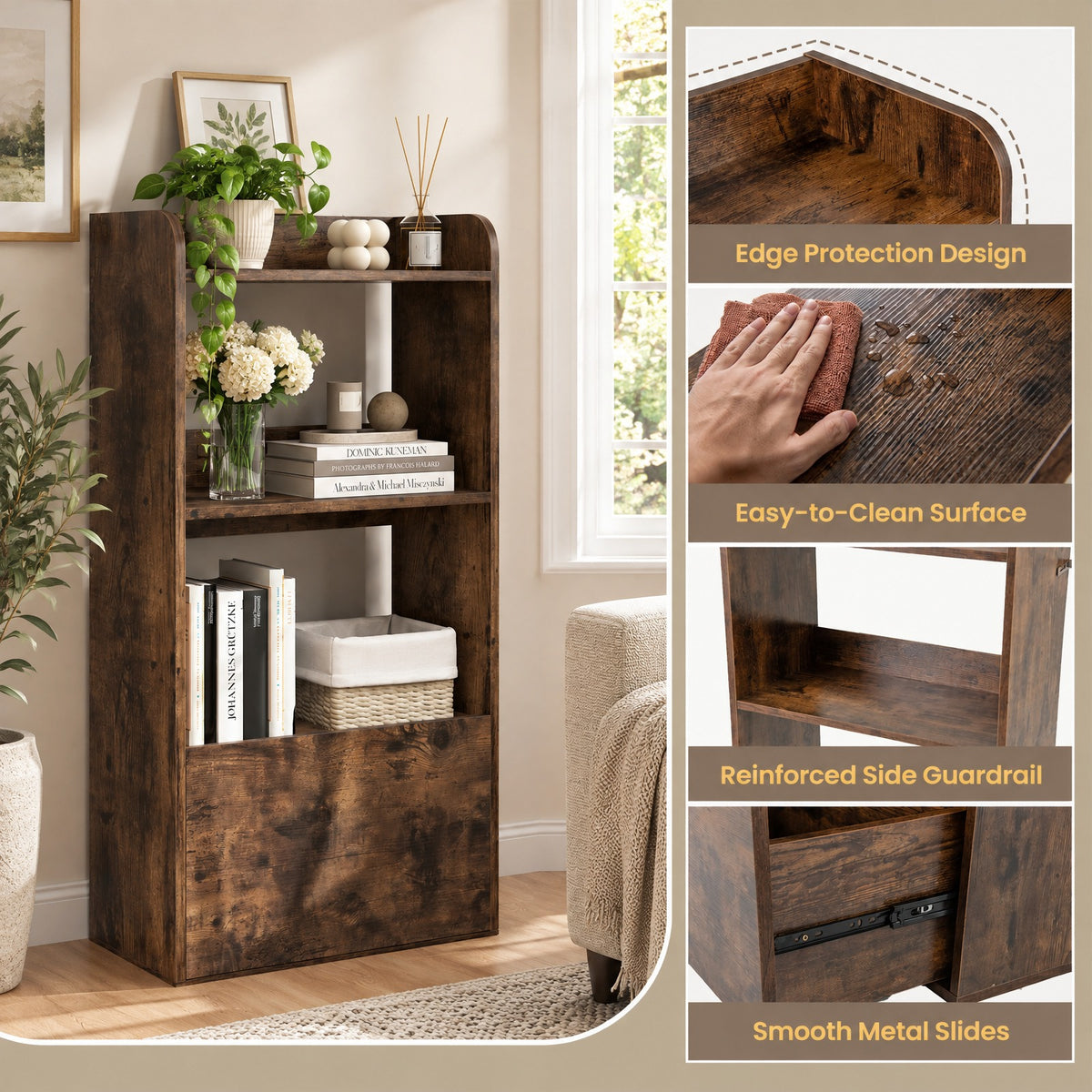 Airfind Freestanding Bookshelf with 3-Tier Open Shelf, 44 lbs Capacity, Engineered Wood MDF Frame, 21.5 x 11.5 x 41.5 Footprint, Brown