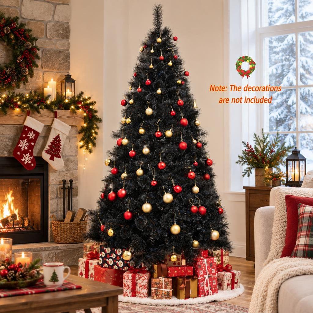 Airfind 6/7/8 Feet Black Artificial Halloween Christmas Tree with PVC Branch Tips and 210/320/450 Cool White LED Lights, Black
