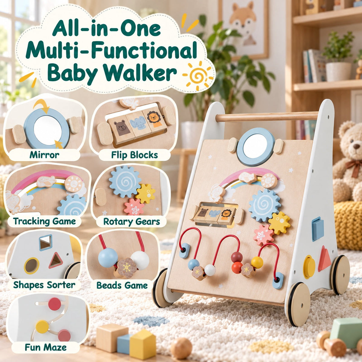 Airfind Wooden Youth Activity Walker with Multiple Play Features, Basswood Frame, Suitable for Ages 12 Months and Up, 13.5 Inch x 13 Inch x 17.5 Inch, Unspecified