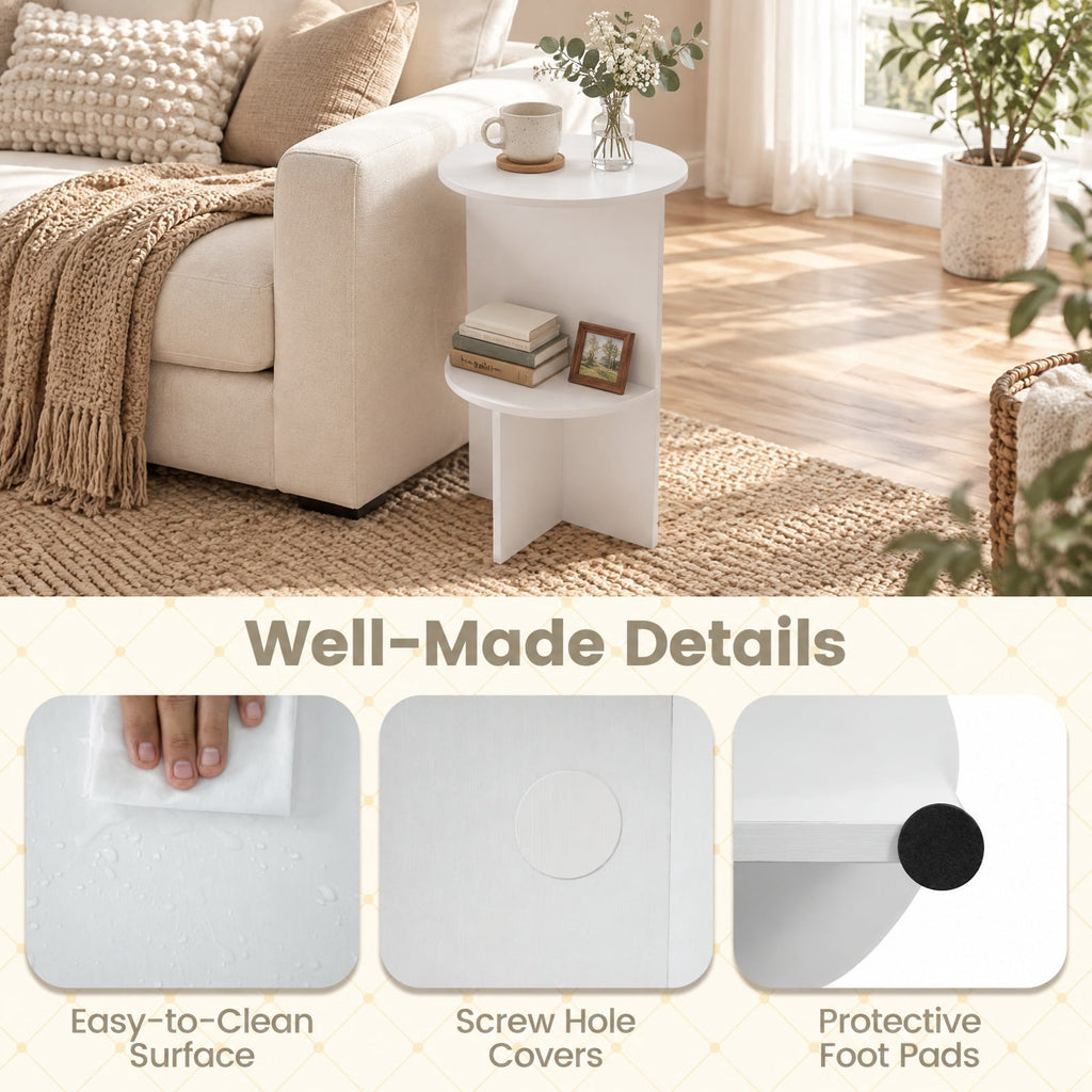 Airfind 2-Tier Round Side Table with Storage Shelf for Small Space, 66 Lbs Capacity, Engineered Wood, 14 Inch X 23 Inch for Convenient Everyday Use, White
