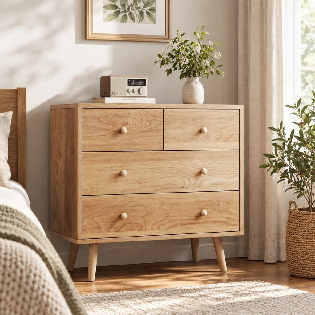 Airfind Wide Wooden Dresser with 4 Drawers for Bedroom Living Room, 110 Lbs Capacity, Engineered Wood Mdf, 31.5 Inch X 15.5 Inch X 30 Inch, Natural