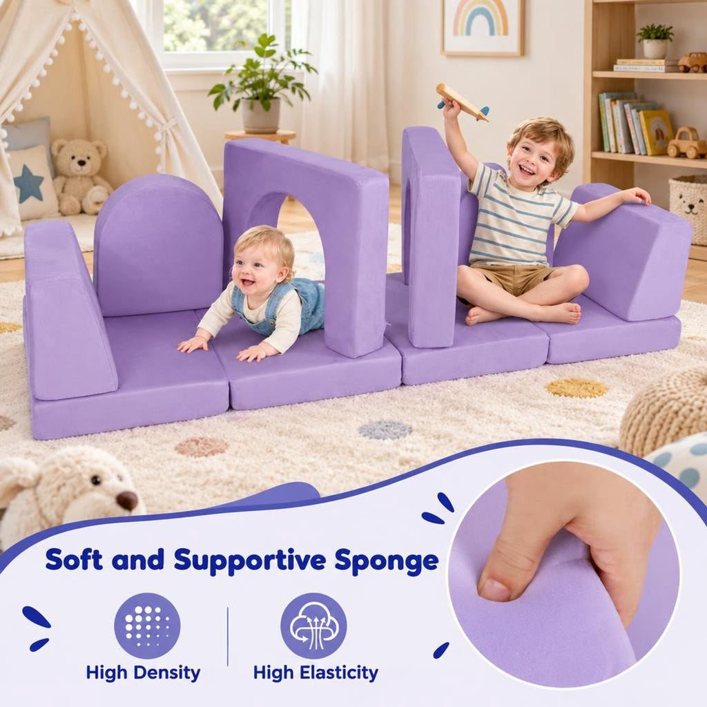 AIRFIND Kids Play Couch 8-Piece Modular Foam Sofa with Cushions, Arches and Half Moons, Removable Washable Suede Fabric Covers, Purple
