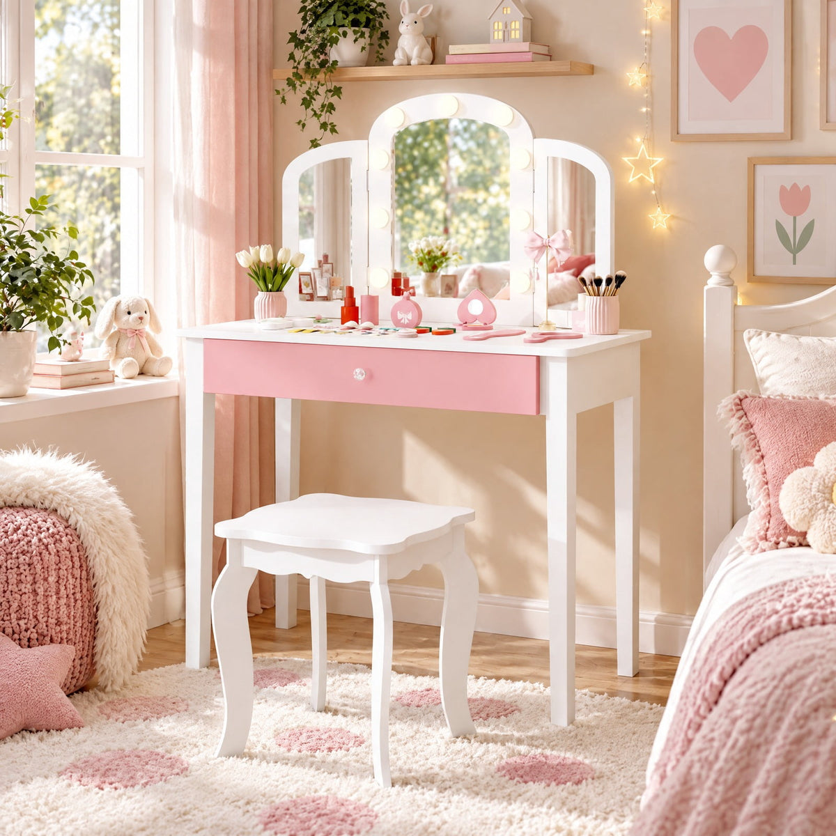 Airfind 2-in-1 Kids Vanity Table Set with Tri-Folding Detachable Mirror and Lights, 110 lbs Capacity, MDF Pine Wood Acrylic Frame, Footprint, White