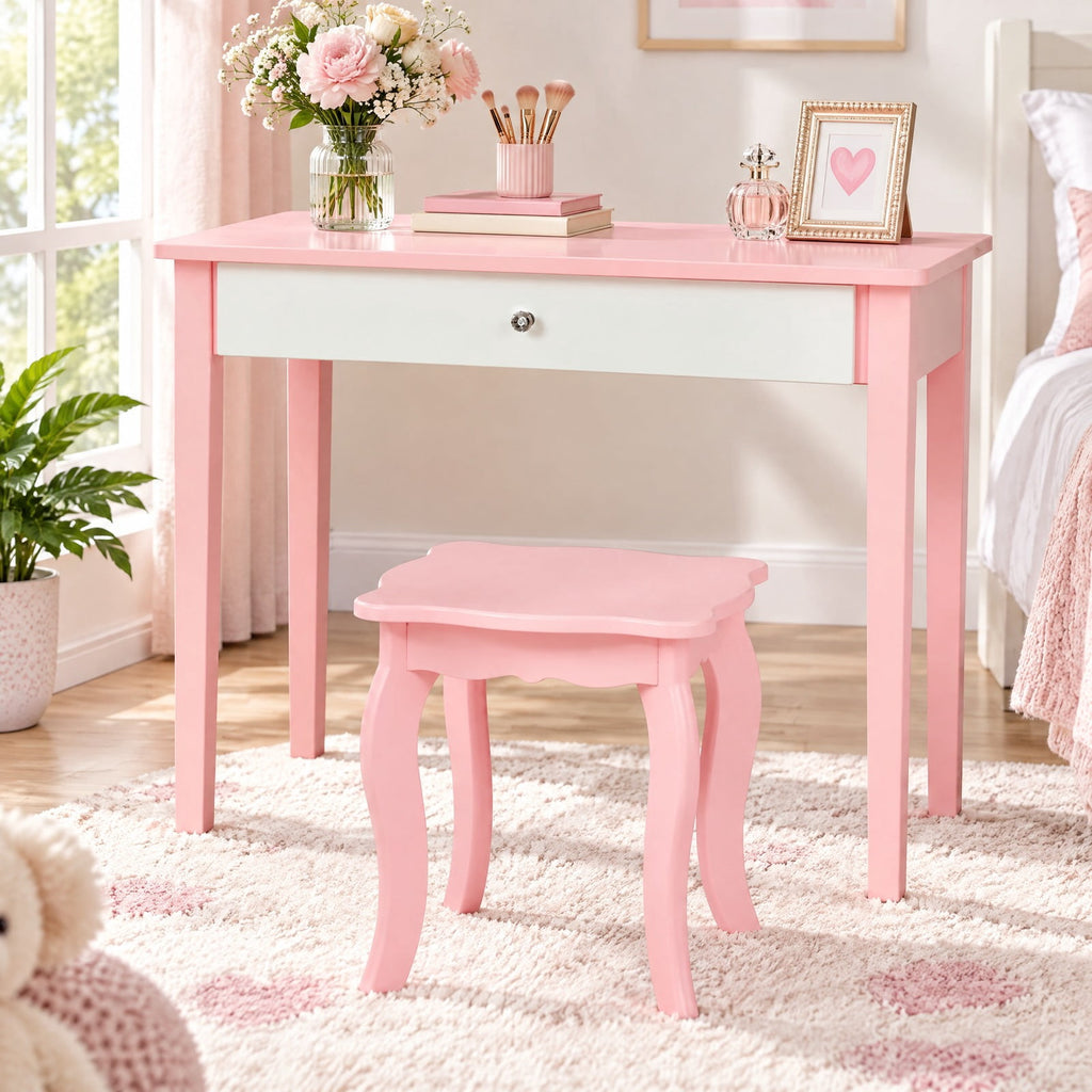 Airfind Kids Princess Make Up Dressing Table with Tri-folding Mirror and Chair, 33 lbs Capacity, MDF Frame, 27.5 x 13.5 x 37.5 Footprint, Pink