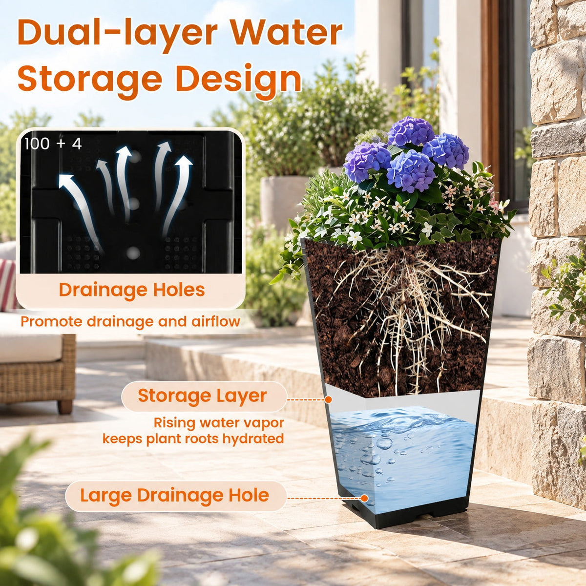 Airfind 22.5 inch Tall Square Planter Set of 2 Self-Watering Flower Pots with Removable Inner Bucket, PP Frame, 11.5 x 11.5 x 22.5 Footprint