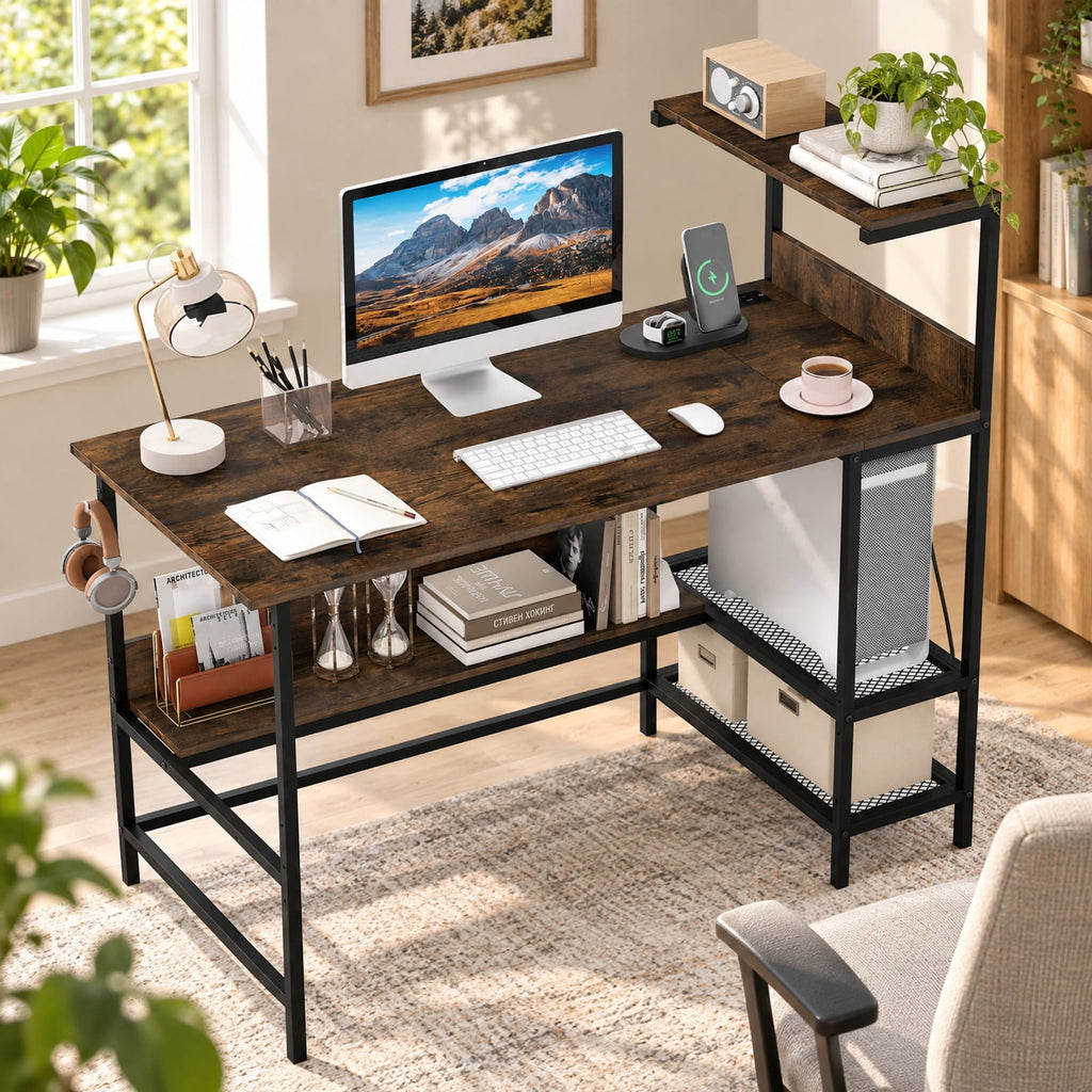 Airfind 48 Inch Computer Desk with Power Outlets and Storage Shelves, 88 lbs Capacity, Engineered Wood Metal Frame, 48 Inch x 23 Inch x 43.5 Inch Footprint