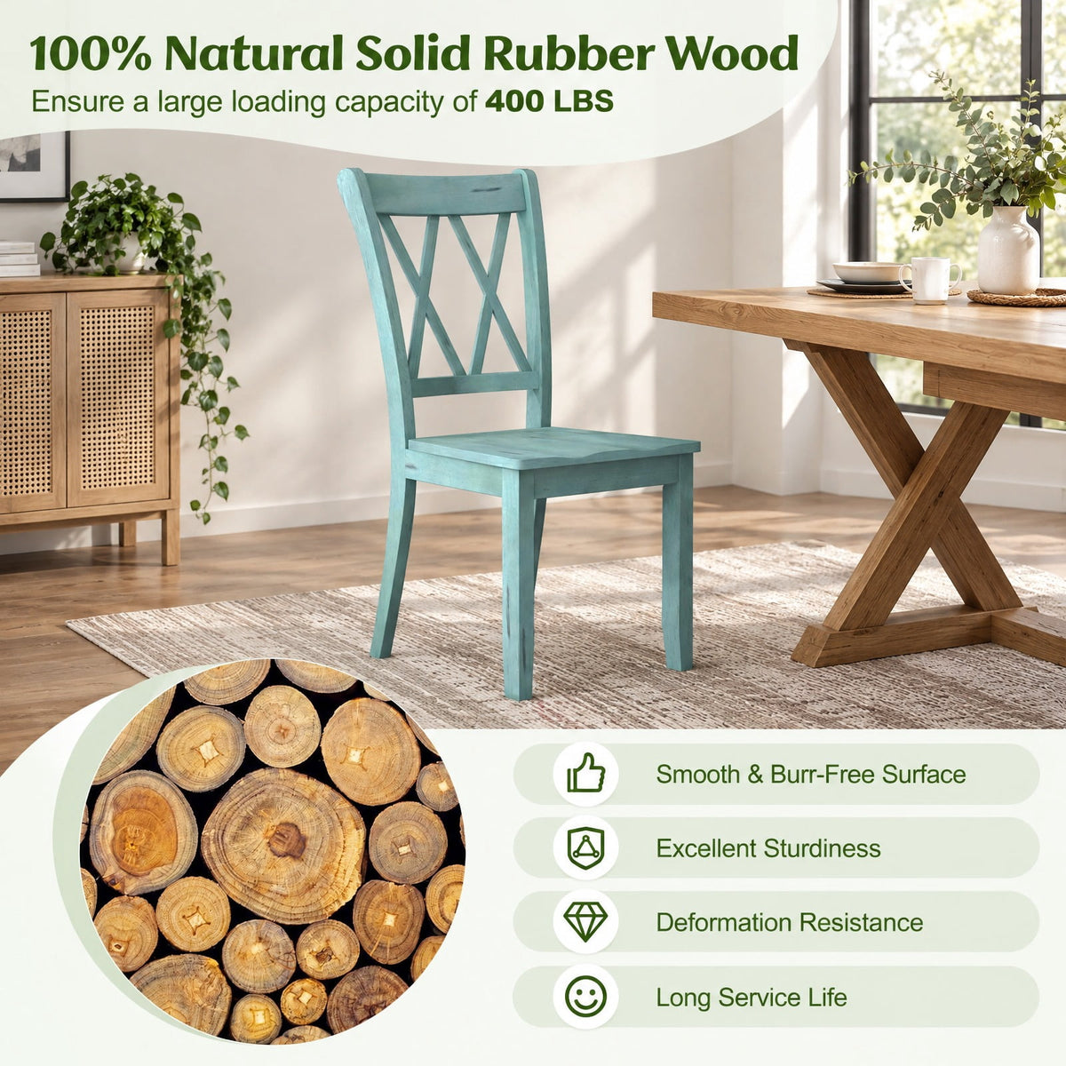 Airfind Set of 2 Cross Back Rubber Wood Dining Chairs, 300 lbs Capacity, Rubber Wood Frame, 20 x 23.5 x 39 Footprint, Green