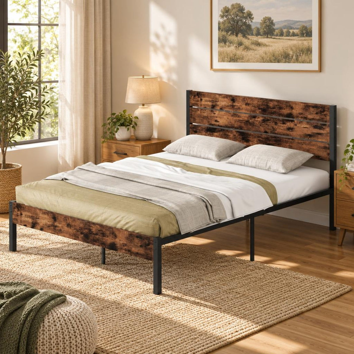 Airfind Queen Metal Bed Frame with Wood Headboard, 12 Slats, Under-Bed Storage, No Box Spring, Rustic Brown