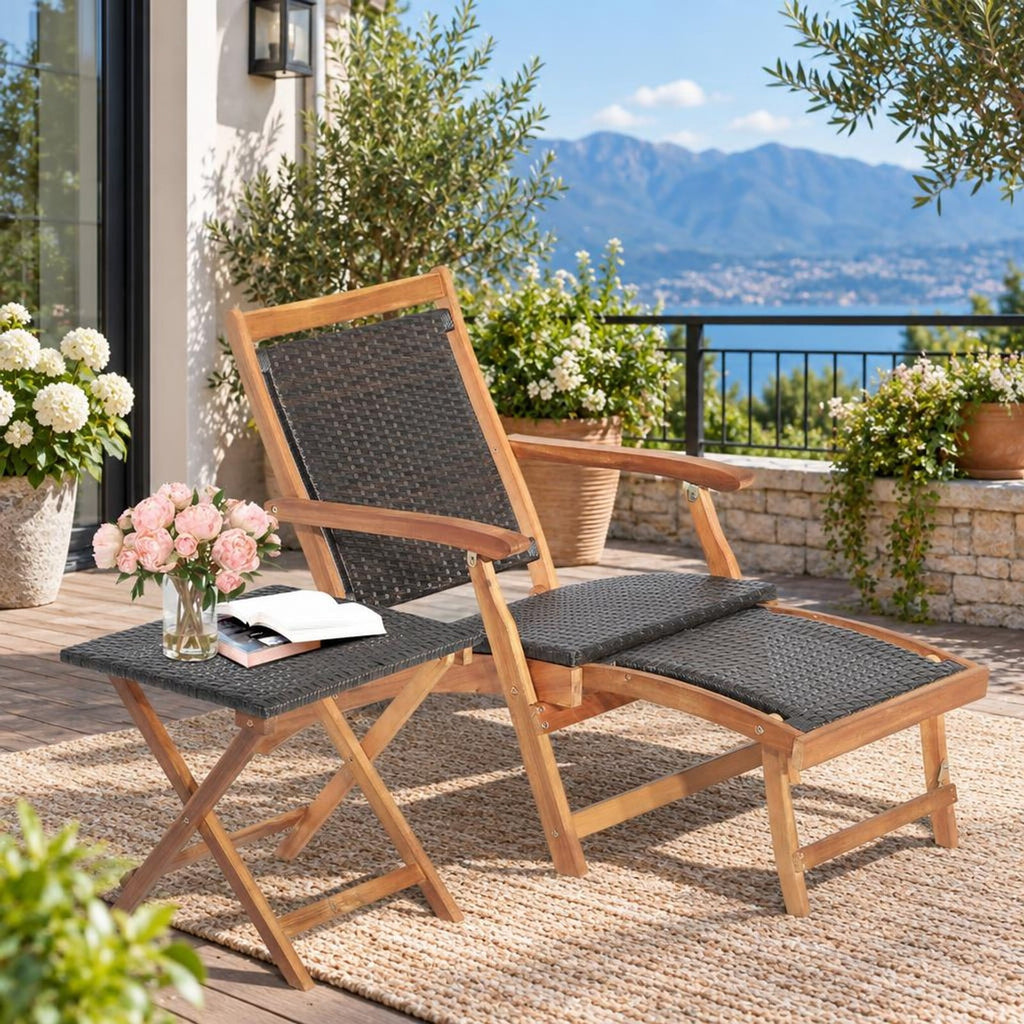 Airfind 2 Pieces Patio Rattan Folding Lounge Chair with Acacia Wood Table, Acacia Wood PE Rattan Steel Frame, 18 x 18 x 18 inch Footprint, Wood