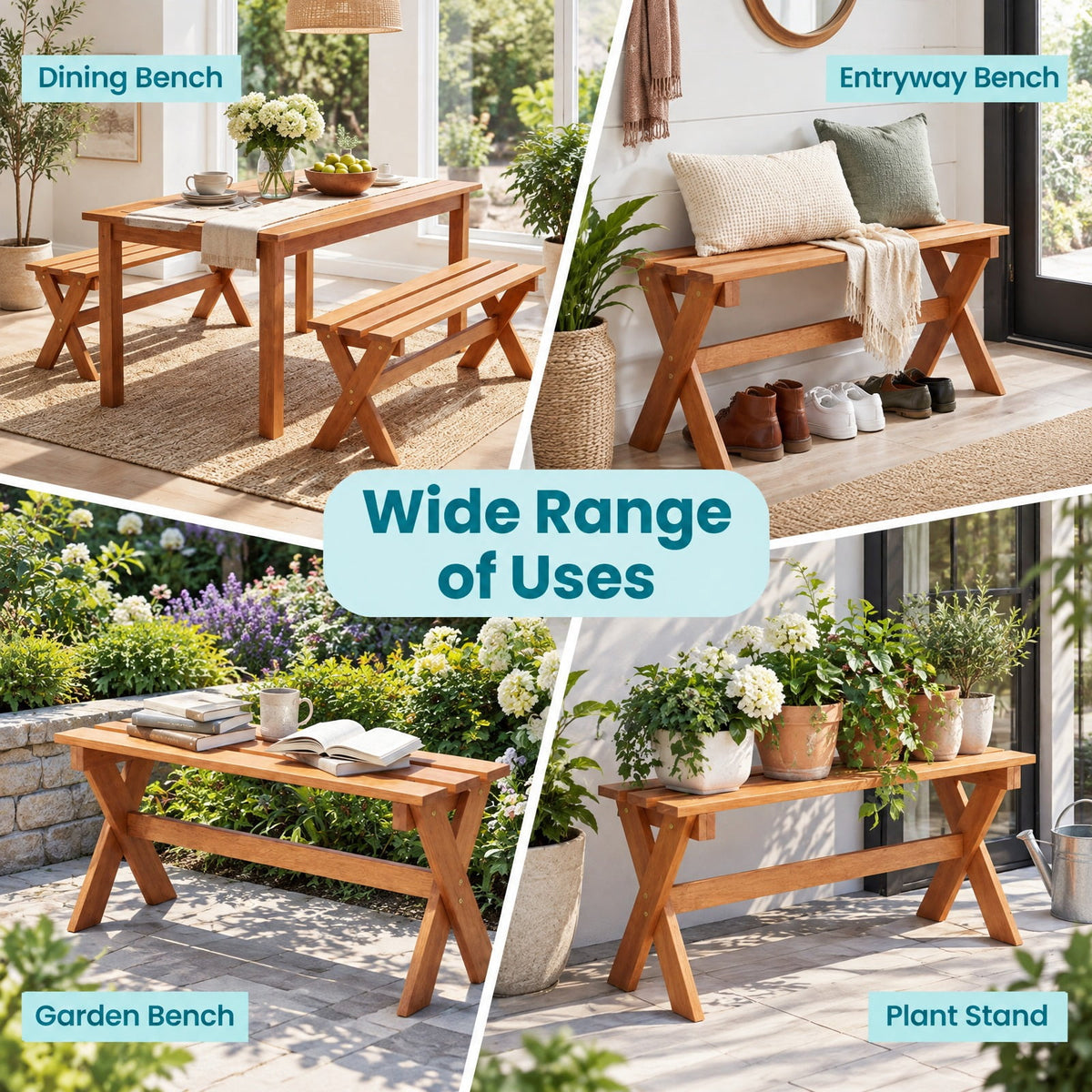 Airfind 36 Outdoor Solid Wood Bench Set of 2 Backless Patio Dining Bench with Teak Oil Finish, 660 lbs Capacity, Hardwood Frame, Wood