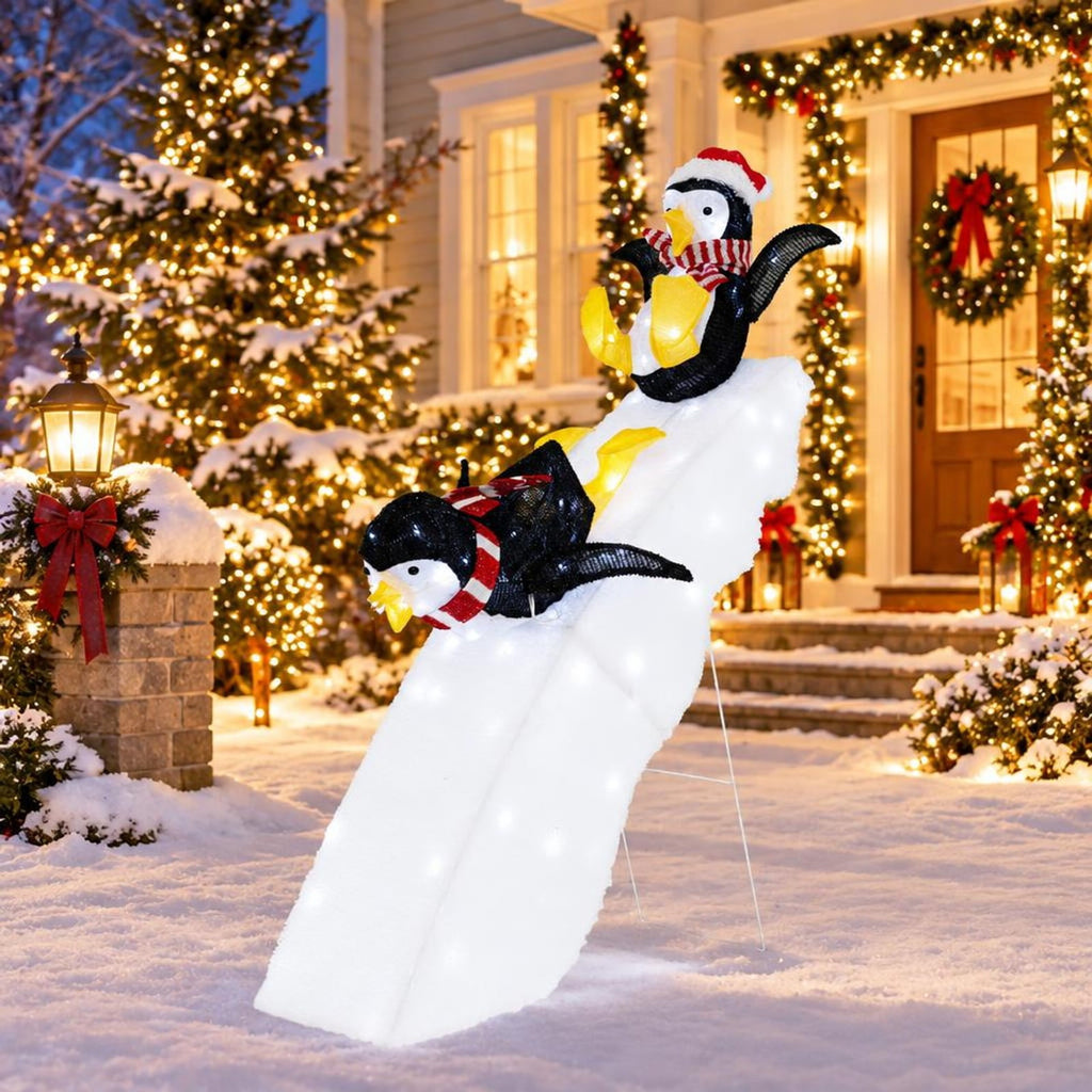 Airfind 4 Feet Christmas Penguin Ice Skating Decor with Snowy Slide, Tinsel Fabric Plush Fabric Metal Frame, Black+White+Yellow
