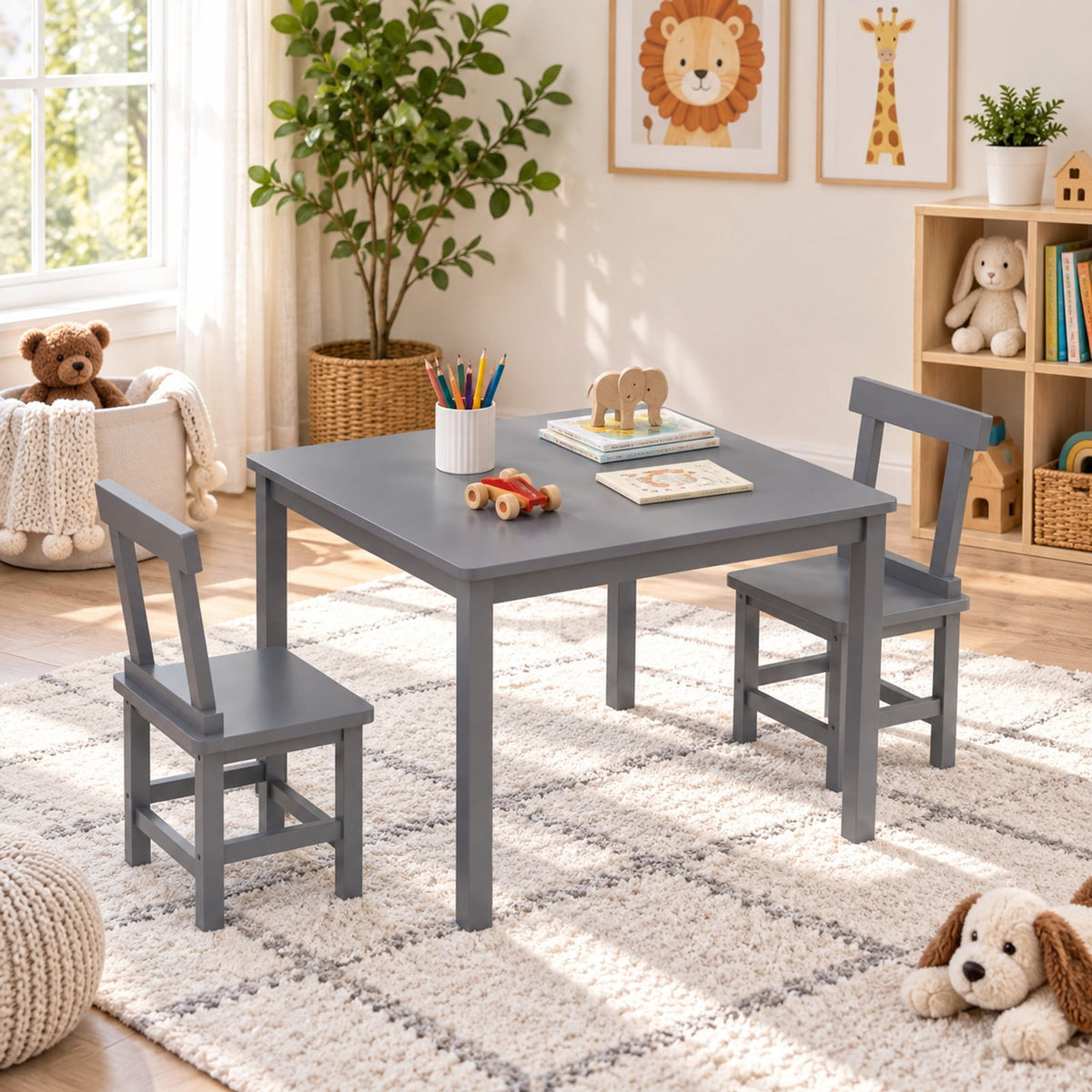 Airfind Wooden Kids Table and 2 Chairs Set with Anti-slip Foot Pads, Rubber Wood Acacia Wood MDF Frame, 30 x 30 x 22 inch Footprint, Gray