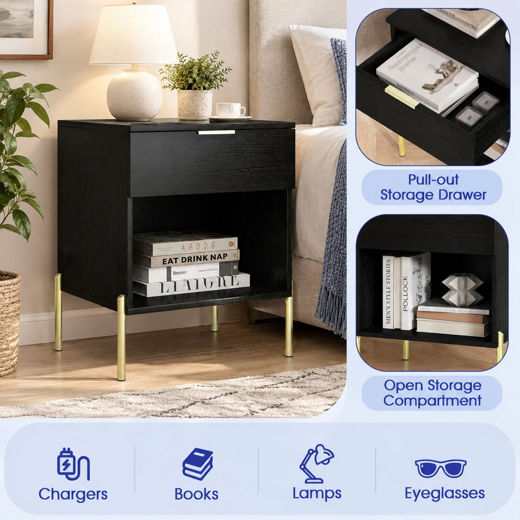 Airfind Modern Nightstand with Charging Station, Engineered Wood Metal MDF Frame, 18in x 16in x 23in Interior Footprint, Black