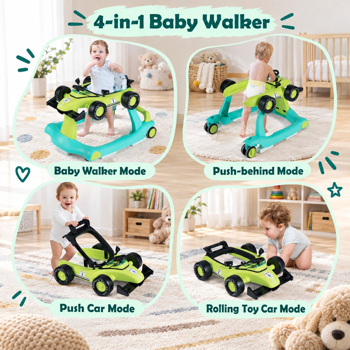 AIRFIND Baby Walker with 4 Activity Modes, 3 Adjustable Heights, Music and Lights, Rear Wheel Speed Control and Folding Frame, Green