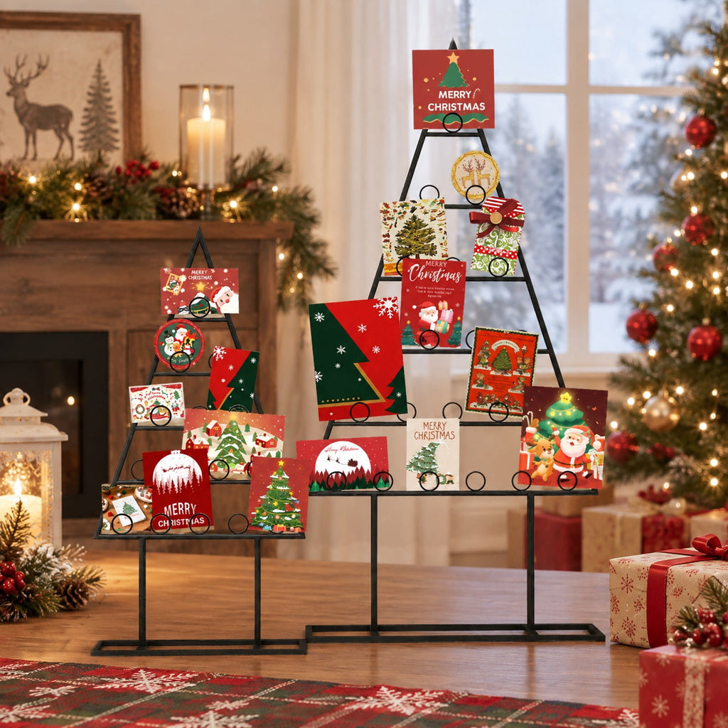 AIRFIND Christmas Card Holder Set of 2 Tree-Shaped Metal Photo Display Stands with 36 Round Clips, Large and Small Holiday Racks, Black