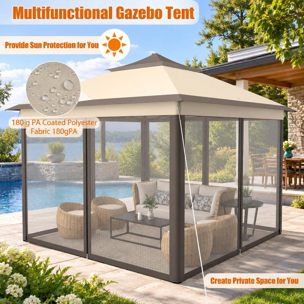 Airfind 2-Tier Pop-Up Gazebo Tent Portable Canopy Shelter Carry Bag Mesh, Polyester fabric steel pipe Frame, Brown