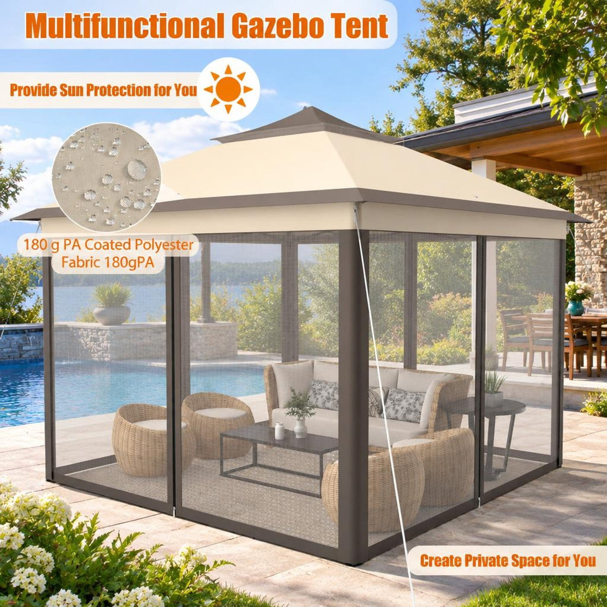 Airfind 2-Tier Pop-Up Gazebo Tent Portable Canopy Shelter Carry Bag Mesh, Polyester fabric steel pipe Frame, Brown
