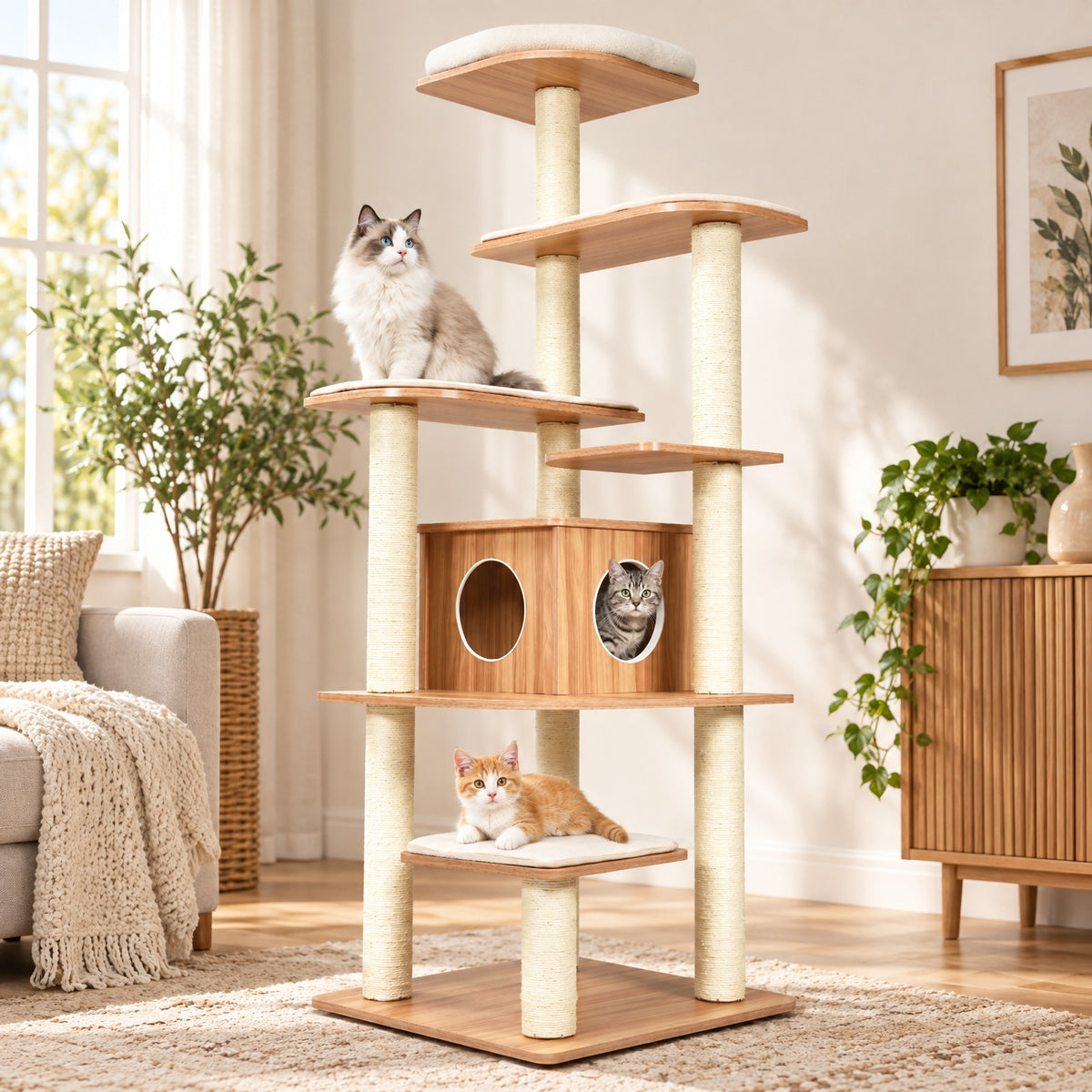 Airfind 7-Layer Wooden Cat Tree Tall Cat Tower with Sisal Posts and Condo, 33 lbs Capacity, Engineering Board Sisal Rope Plush Frame, Natural