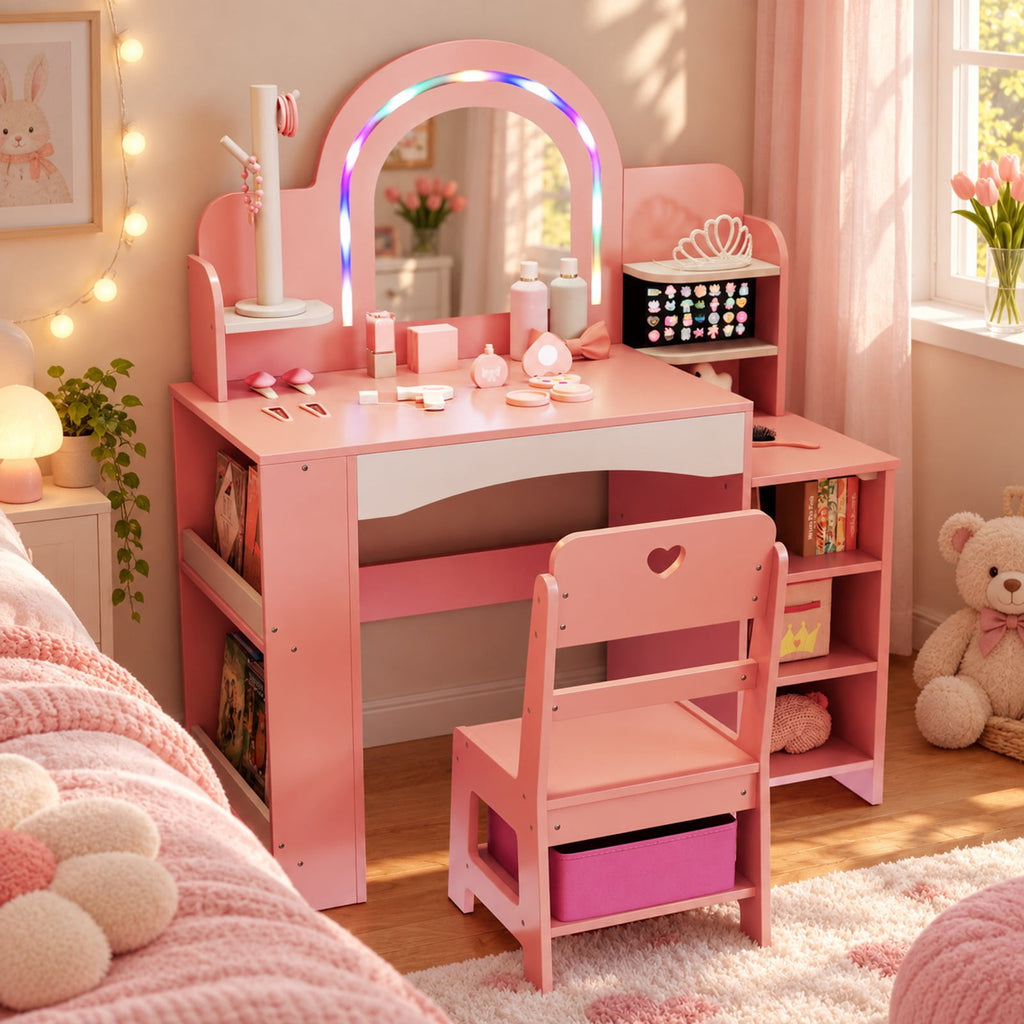 Airfind Kids Vanity Set with Colorful LED Lights Princess Makeup Dressing Table with Chair, 110 lbs Capacity, MDF Frame, 34in x 15.5in x 41in Footprint