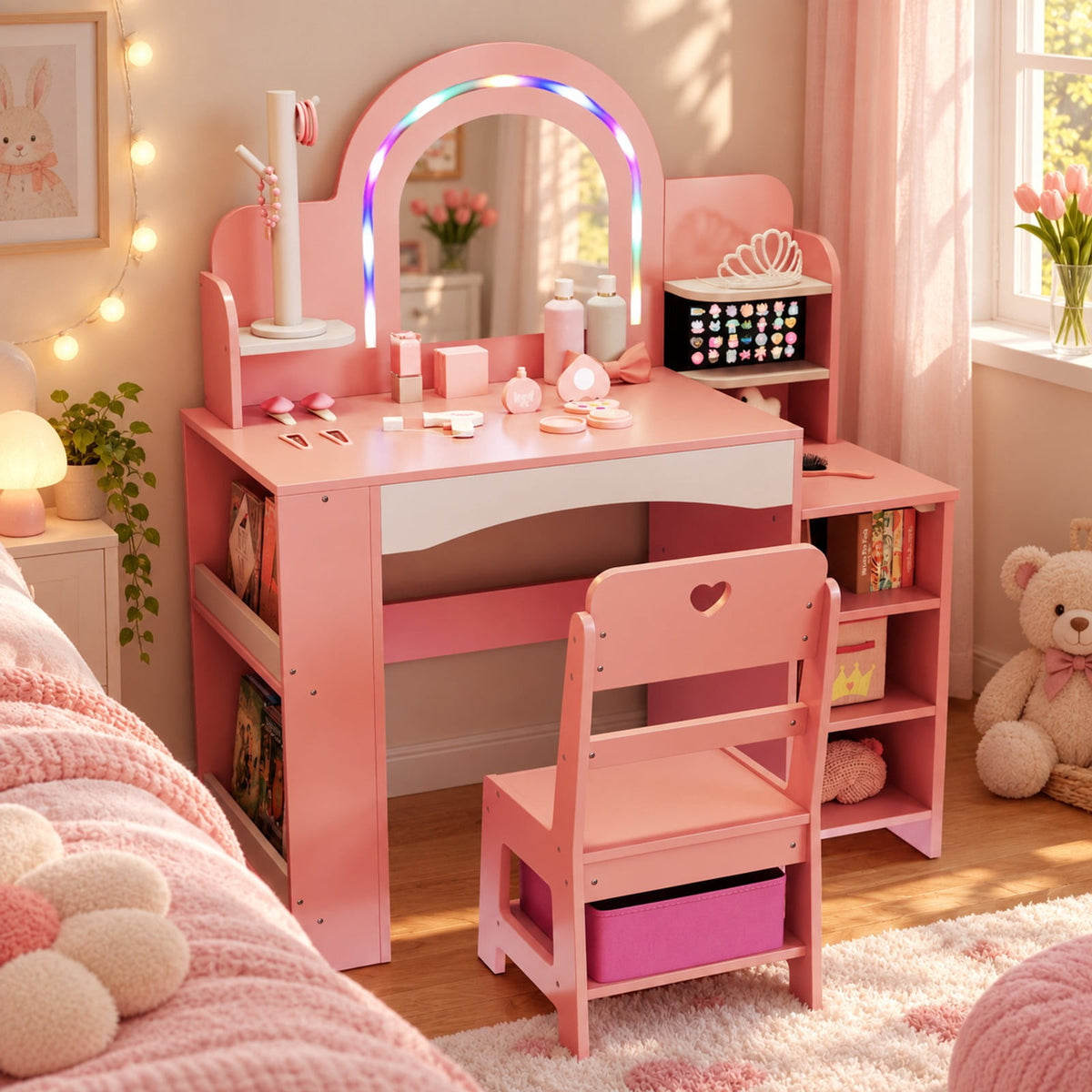 Airfind Kids Vanity Set with Colorful LED Lights Princess Makeup Dressing Table with Chair, 110 lbs Capacity, MDF Frame, 34in x 15.5in x 41in Footprint