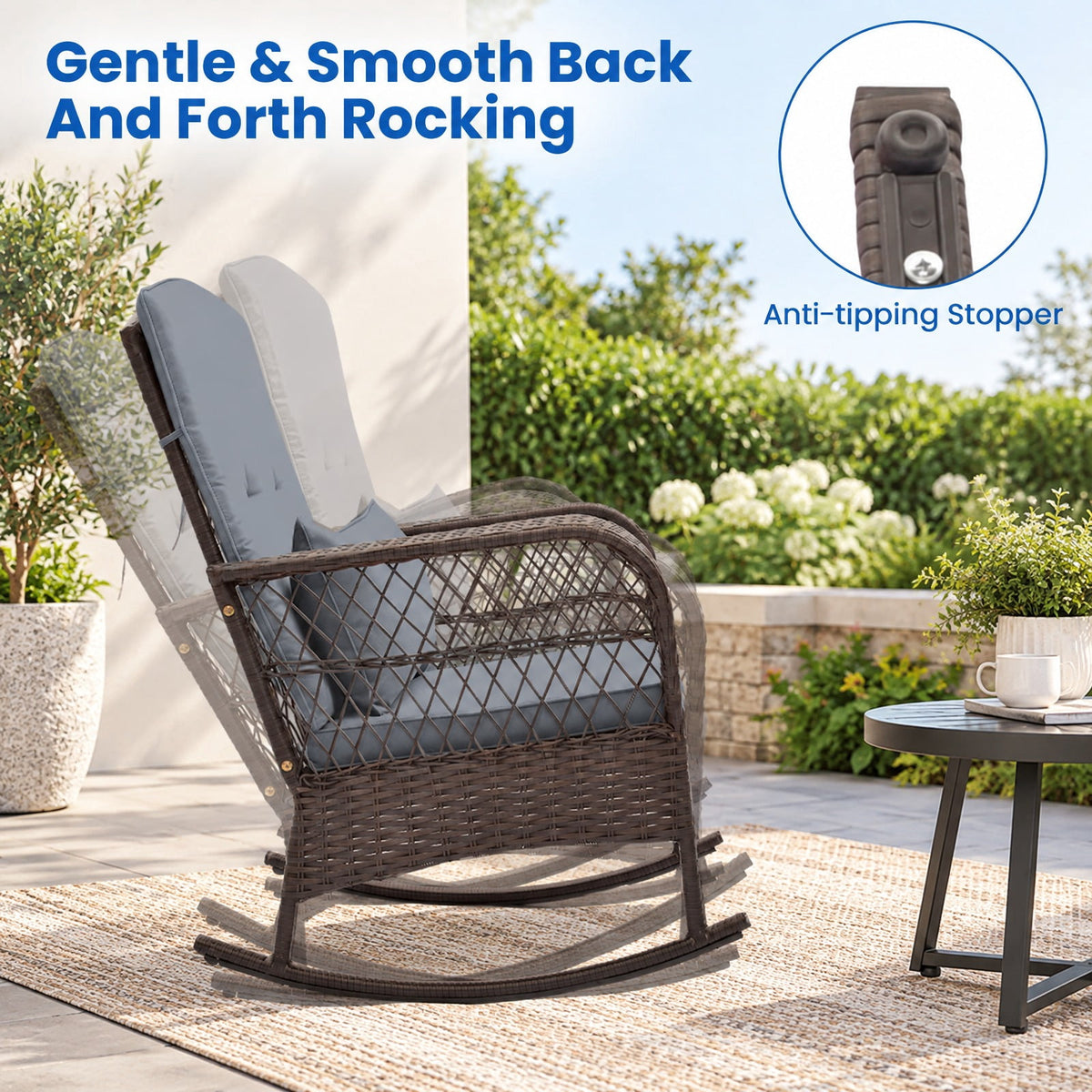 Airfind 3 Pieces Rocking Bistro Set with 2-Tier Coffee Table, PE Rattan Metal Tempered Glass Polyester Sponge Frame, 34 Inch x 26.5 Inch x 37 Inch Footprint