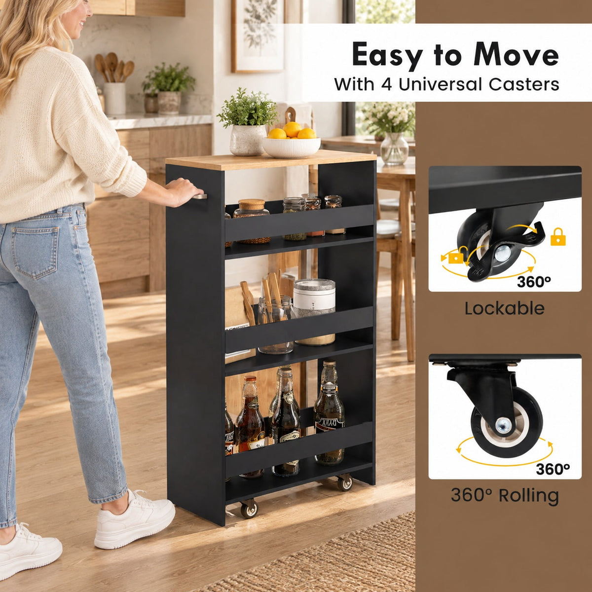 Airfind 4-Tier Rolling Storage Cart Slim Kitchen Cart on Wheels with Open Shelves and Handle, 15 lbs Capacity, Engineered Wood Metal Frame, Black