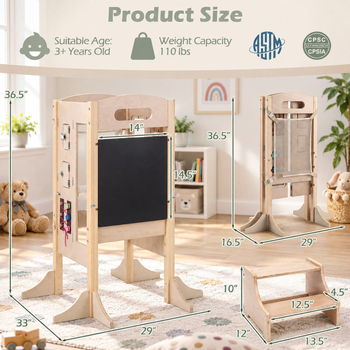 Airfind Standing Tower, Foldable Youth Step Stool Wooden Kitchen, with 2-Step Height, 110 lbs Capacity, Pine Wood Frame, for 3+ Years Old, Natural