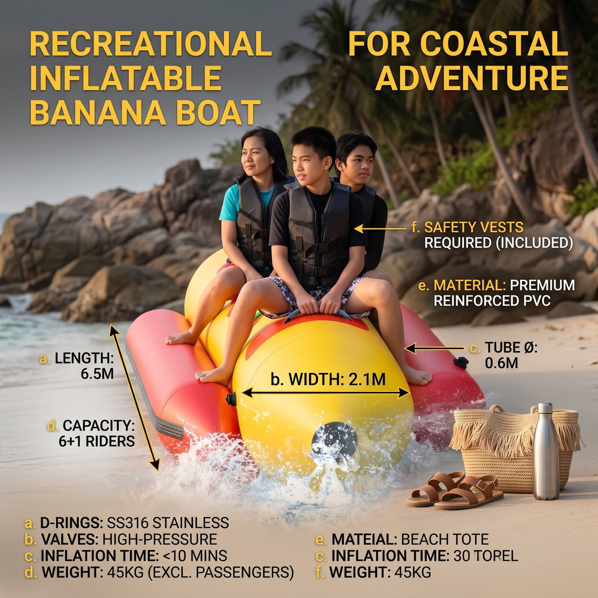 Airfind 3 Person Inflatable Banana Boat with Electric Air Pump Carrying Bag and Repair Kit for Lake and Sea Towing, Red and Yellow