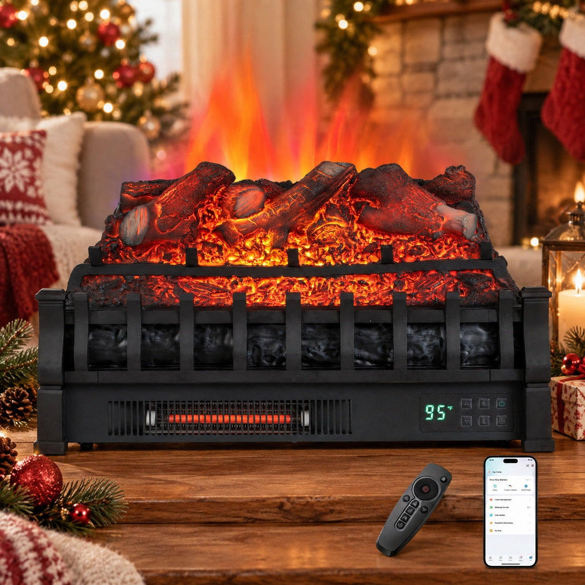 Airfind 23 Inch Wifi Fireplace Insert Lemonwood Set featuring App and Remote, Metal Resin Frame, 23 Inch x 8.9 Inch x 12.6 Inch Cord Length 5.8 Ft Footprint, Black