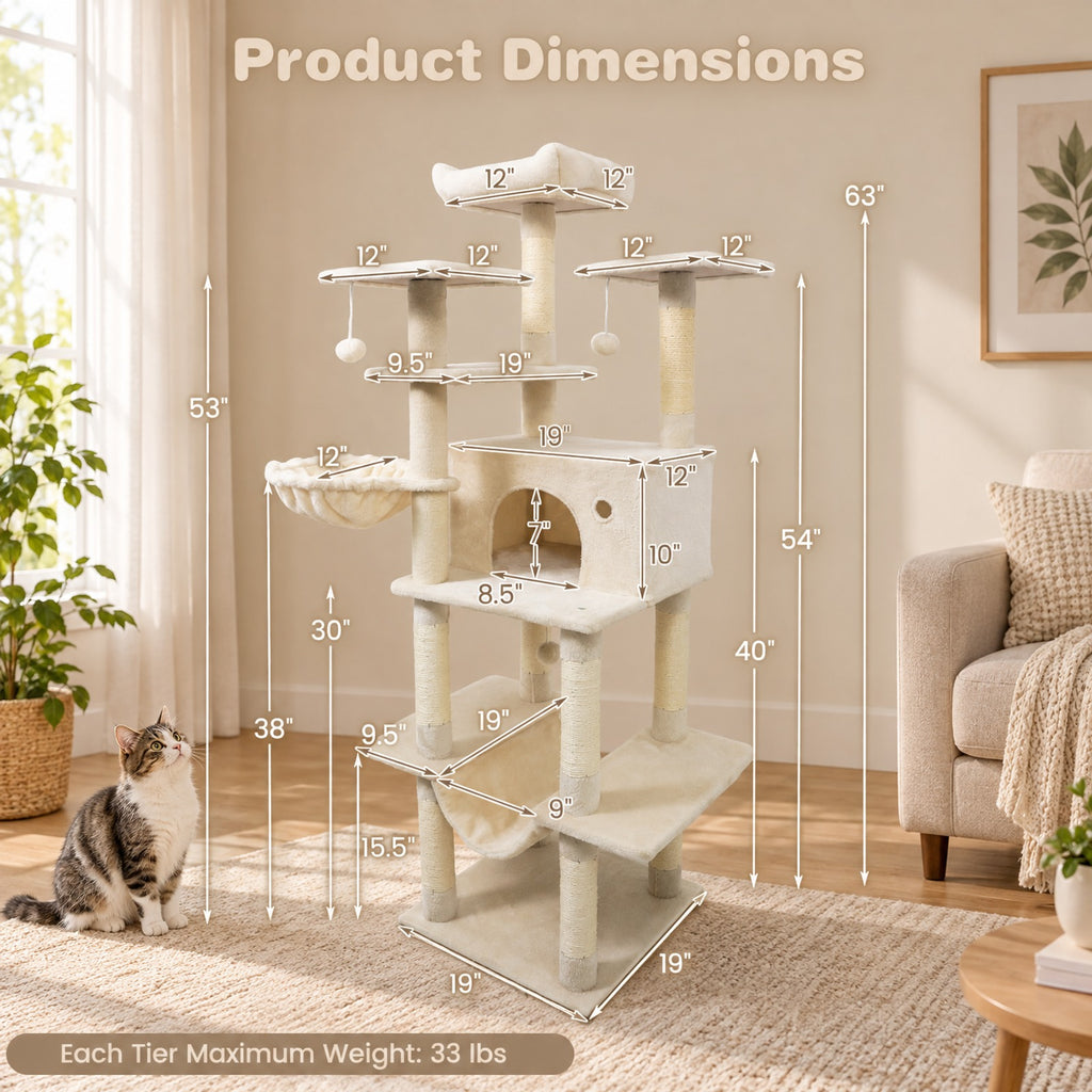 Airfind Large Cat Tree for Indoor Cats 63 Inch Tall Cat Tower, Plush Fabric Sisal Engineered Wood Base Frame, Beige