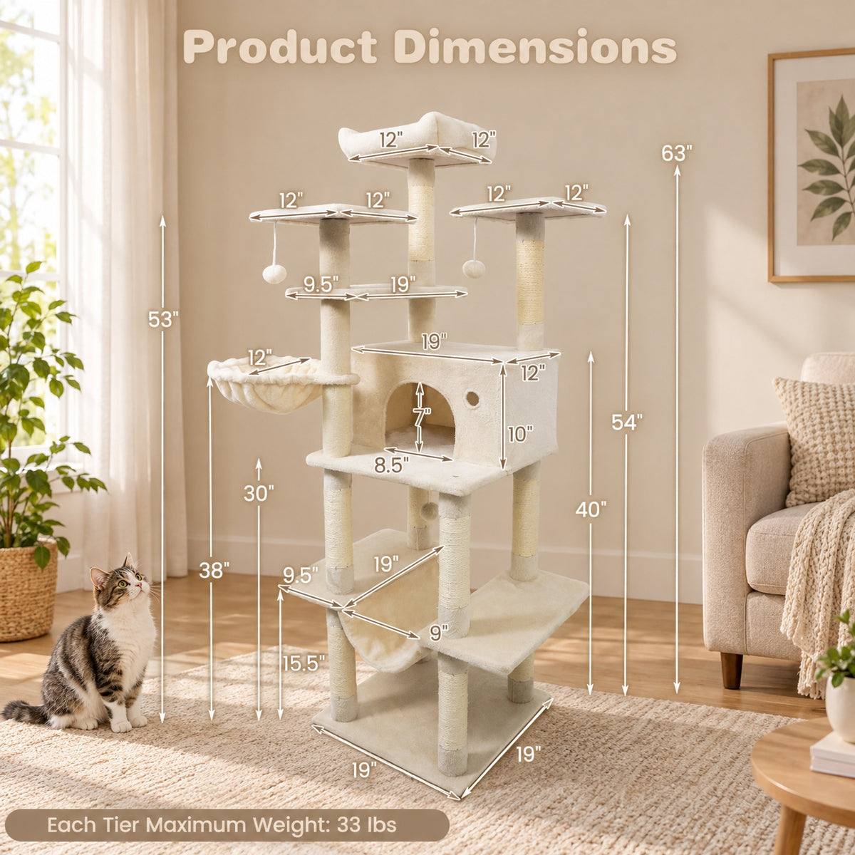 Airfind Large Cat Tree for Indoor Cats 63 Inch Tall Cat Tower, Plush Fabric Sisal Engineered Wood Base Frame, Beige