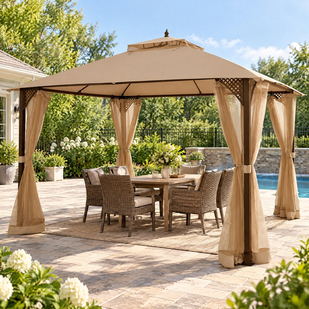Airfind 12 x 10 Feet Outdoor Double Top Patio Gazebo with Netting, Polyester steel Frame, 12 x 10 x 9.5 Footprint, Brown