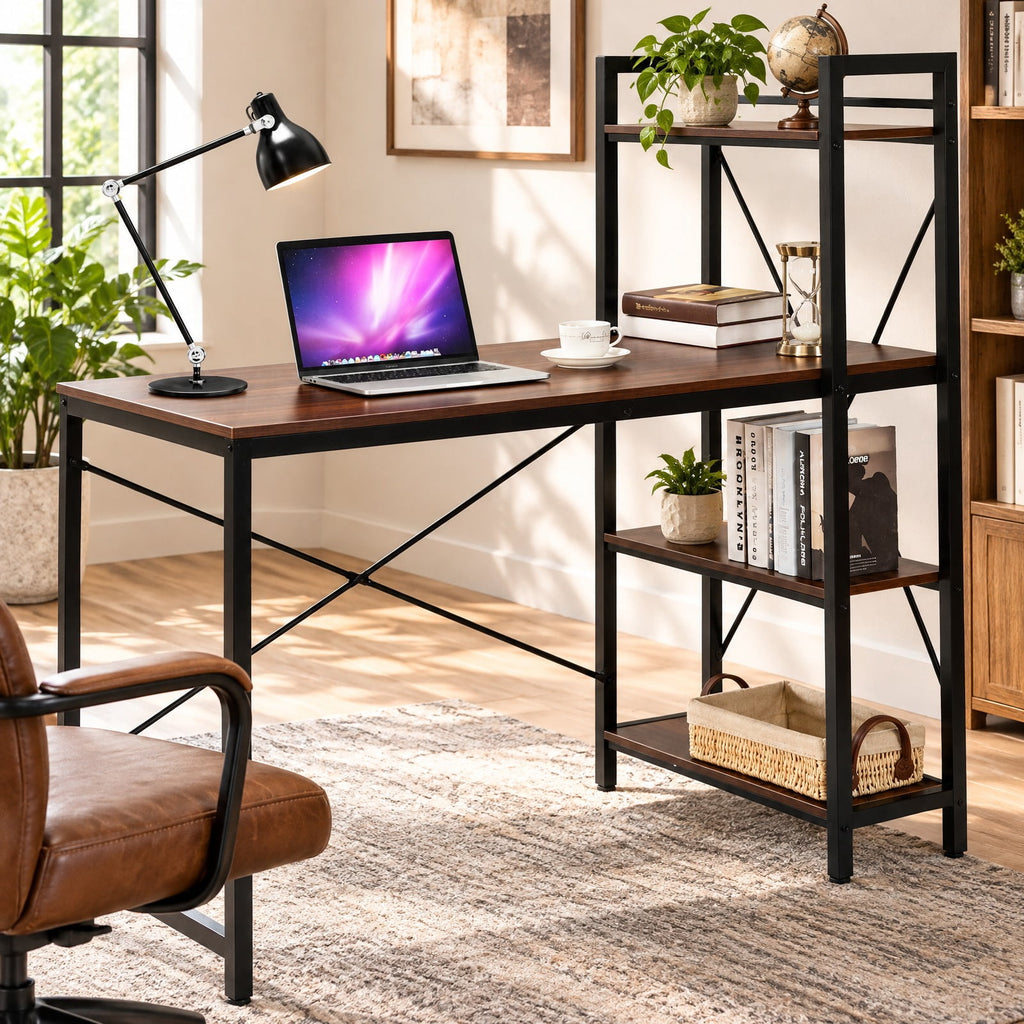 Airfind 47.5 Inch Writing Study Computer Desk with 4-Tier Shelves, P2 MDF Iron Frame, Tan, Product size 47.5in x 24in x 48in (L x W x