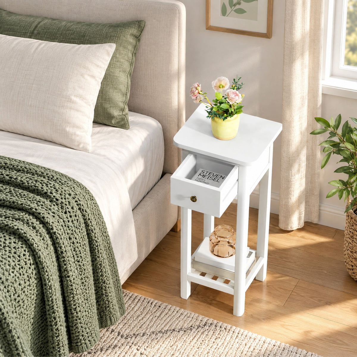Airfind 2 Tier Slim Nightstand Bedside Table with Drawer Shelf, 155 lbs Capacity, Acacia Wood MDF Frame, 11.5 x 13.5 x 31.5 Footprint, White