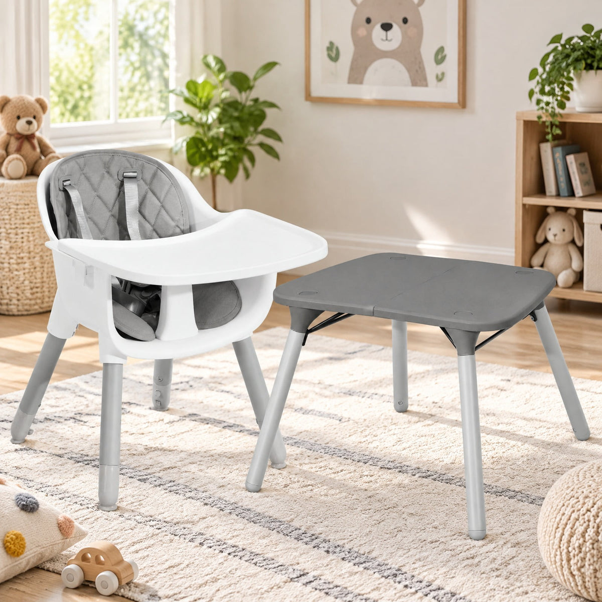 Airfind 4-in-1 Baby Convertible Toddler Table Chair Set with PU Cushion, 33 lbs Capacity, PU PP metal Frame, for 6-36 months, Gray