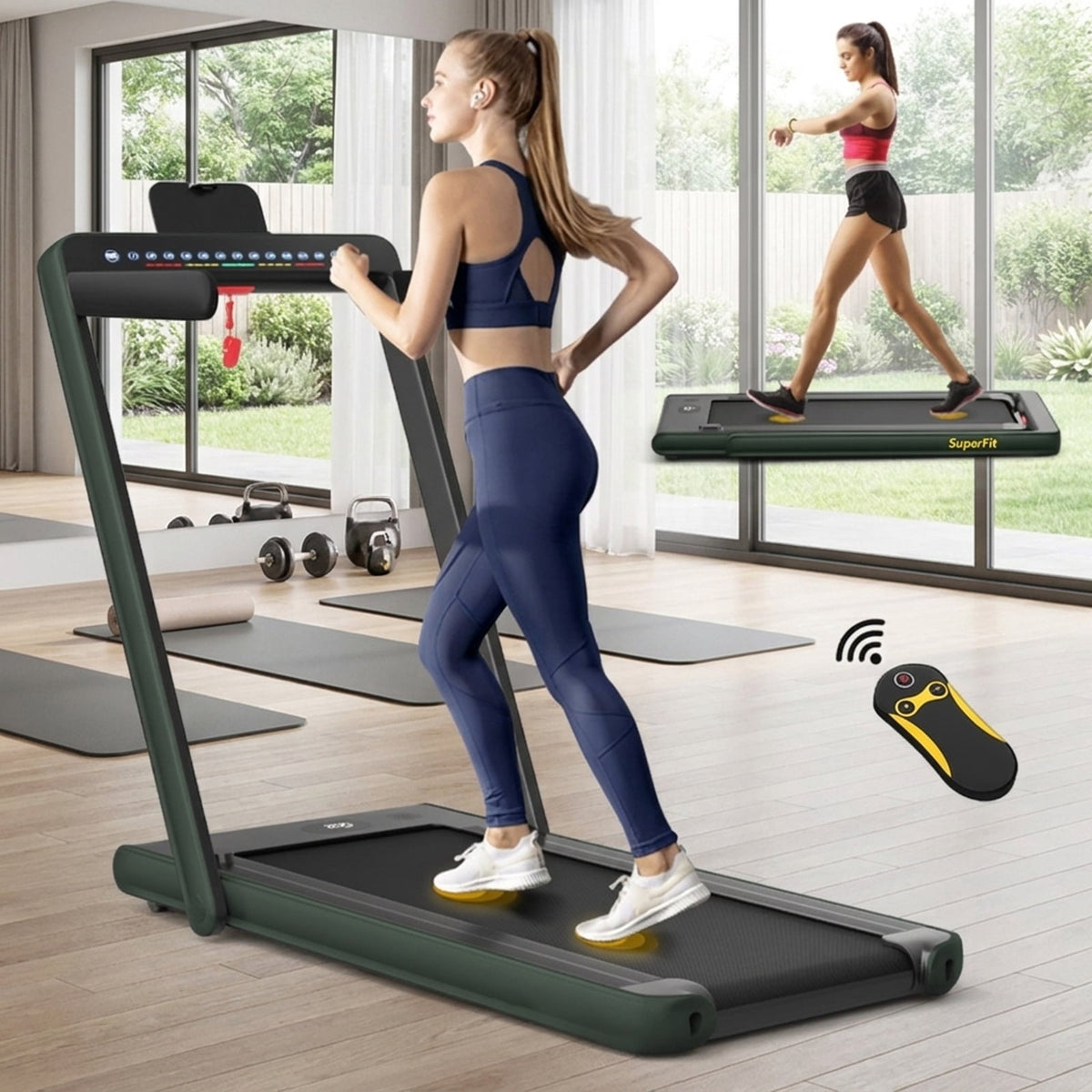 Airfind 2-in-1 Walk-to-Run Folding Treadmill for home with audio console and app sync plus cushioned belt for small spaces, Green
