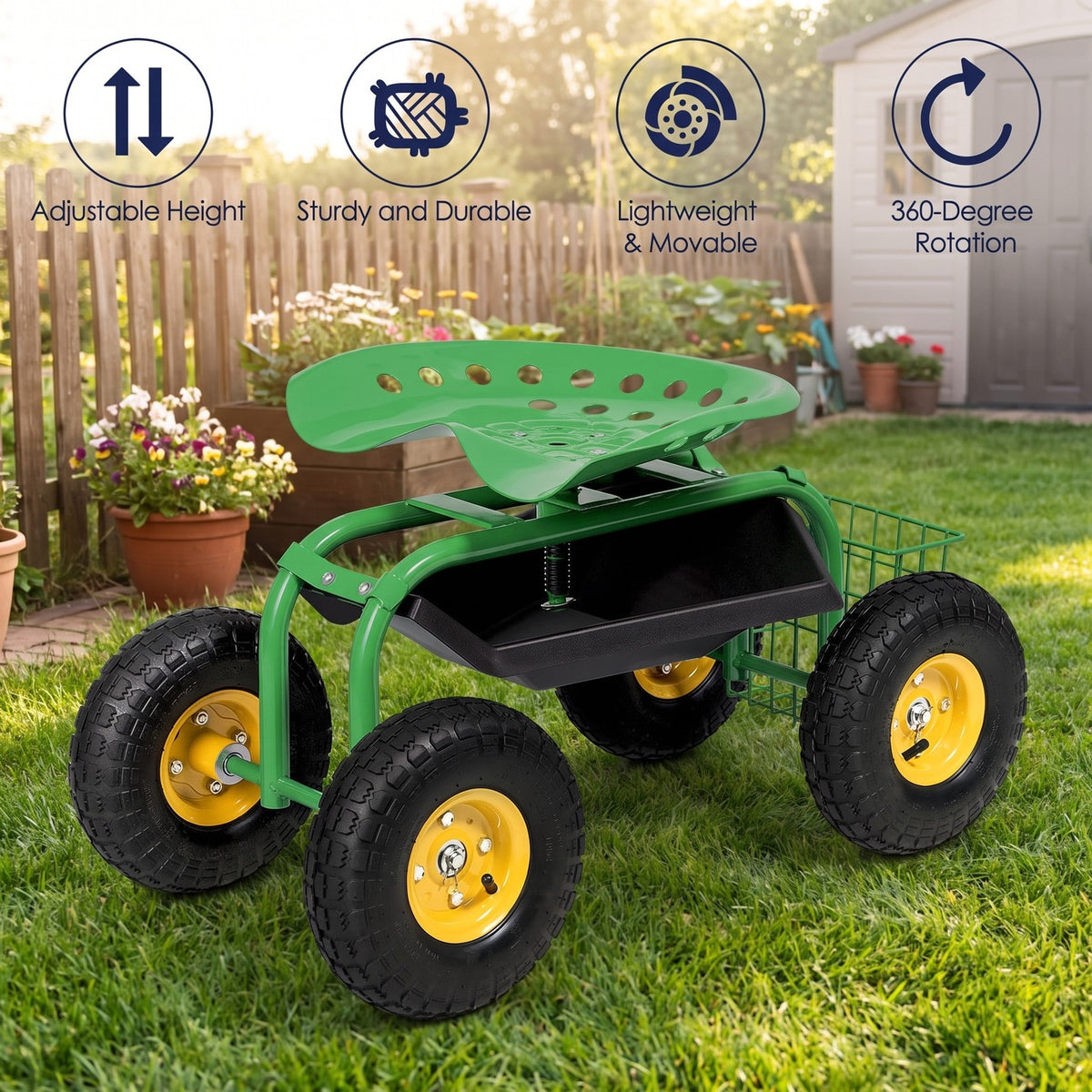 Airfind Red/Green Garden Cart Rolling Work Seat With Heavy Duty Tool Tray Gardening Planting, 33 x 16 x 22 Footprint, Green