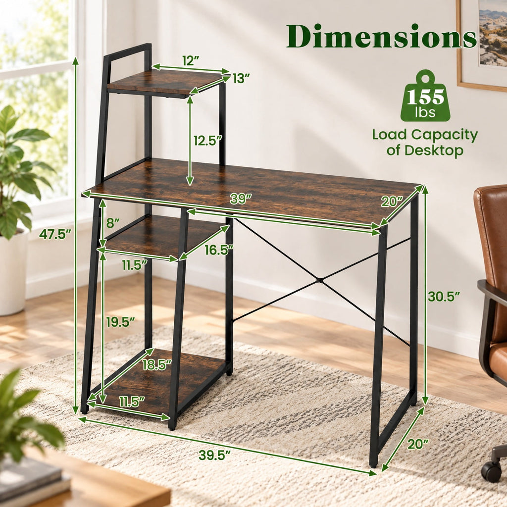 Airfind Computer Desk with Shelves and 3-Tier Storage Bookshelf, Metal Engineered Wood Frame, 39.5 x 20 x 47.5 Footprint, Brown