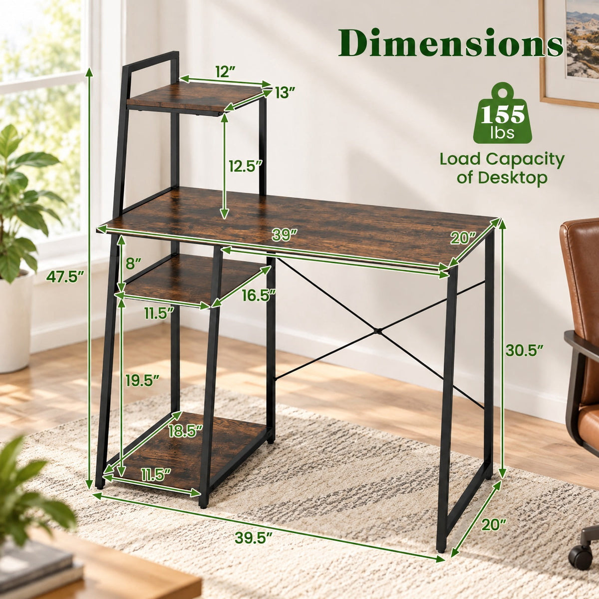 Airfind Computer Desk with Shelves and 3-Tier Storage Bookshelf, Metal Engineered Wood Frame, 39.5 x 20 x 47.5 Footprint, Brown